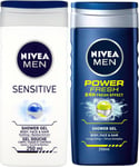 Nivea MEN Shower Gel Twin Set SENSITIVE & POWER FRESH Body, Face & Hair Wash 2