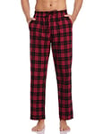 Litherday Pantalon de Pyjama Homme à Carreaux 100% Coton Longue Bas de Pyjama avec Poches à Cordon de Pantalon-2,Rouge + Noir,XL