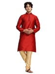 SKAVIJ Kurta Pajama Set for Men Jacquard Silk Indian Wear Dress Red S