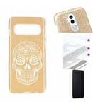 Coque Galaxy S10 PLUS glitter paillettes dore mort blanc mexicaine calavera