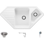 Evier d'angle en Granit 90 x 50 cm Lavabo Cuisine 1,5 bac + Siphon Classique, Évier à Encastrer de Primagran Blanc - white