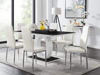 Giovani Rectangular 6 Seat White High Gloss Unique Halo Dining Table Black Glass Top 6 Faux Leather Silver Leg Milan Chairs