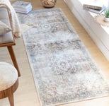 Livabliss Bridgetown Tapis de Couloir, Salon, Salle à Manger, Chambre, Cuisine - Tapis Lavable en Machine, Poil Court - Tapis Vintage Ethnique Boheme Chic, Tapis Coloré Oriental 80x220cm- Gris, Bleu