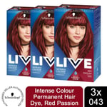 3x LIVE Red Passion Permanent Hair Dye, Intense Colour 043