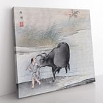 Cow at the Rivers Edge by Hashimoto Gaho Asian Japanese Canvas Wall Art Print Ready to Hang, Framed Picture for Living Room Bedroom Home Office Décor, 35x35 cm (14x14 Inch)