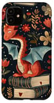 Coque pour iPhone 11 Motif de ver de bibliothèque Cute Dragon Books Cottagecore