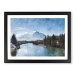 Mountain Above The Lake Painting Modern Art Framed Wall Art Print, Ready to Hang Picture for Living Room Bedroom Home Office Décor, Black A3 (46 x 34 cm)