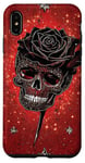 Coque pour iPhone XS Max Rose noire et crâne sur toile rouge