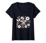 Womens Photographer Photography Camera With Flowers V-Neck T-Shirt