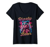 Womens Rizzly Bear Synthwave Retrowave Aesthetic Vaporwave Vibes V-Neck T-Shirt