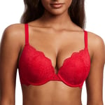 DOBREVA Women's Push Up Lace Bra Sexy Plunge Padded Underwire Support Bras Lift Up Lipstick Red 38DD