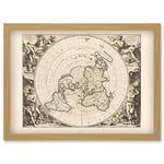 Artery8 Jacques Cassini Flat Earth Map 1713 Sepia Colour Terrestrial Planisphere According to Astronomers New Observations Decorative World Polar Projection Artwork Framed Wall Art Print A4