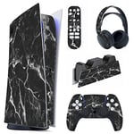 PlayVital Kit de Autocollants Skin Decal pour ps5 Sticker Vinyle pour ps5 Console&Manette&Station de Charge&Casque&Télécommande Média-Édition Numérique-Effet Marbre Blanc Noir