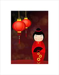 Wee Blue Coo NURSERY KOKESHI DOLL RED DRESS LANTERNS JAPAN KIDS BEDROOM ART PRINT B12X13447