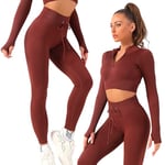 K-MART Gym sets for women 2 piece zip up jacket Workout outfits, Cropped Top, Long Sleeve, Leggings Set for Running, Yoga, Gym, Sports Activity (Brown, L)