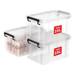 Cetomo 25L*3 Storage Boxes, Stackable Storage Box with Lids, Heavy-Duty Lidded Container with Reinforced Corners, Vertical Sides and Clip Closure, Durable, Plastic, Clear, 25L-3Pack