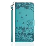 Butnyeoe Coque pour iPhone XS Rabat,Housse Pochette iPhone X Clapet,Portefeuille Etui avec Porte-Carte et Dragonne,Chats/Fleur PU Cuir/Antichoc Flip Folio Case.Bleu-Vert