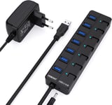 Hub USB,7 Ports USB 3.0 Hub avec des commutateurs individuels LED avec Adaptateur d'alimentation Câble Long de 1,2 m pour Apple MacBook Air/Pro/iMac/MacPro/Ordinateurs et Ultrabooks Windows