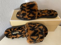 Michael Kors Alexis Slide Acorn/Black Signature Faux Fur Slippers - UK 5.5 -BNIB