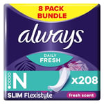 Always Dailies Panty Liners, Flexistyle, Slim, 208 Liners (26 x 8 Packs), SAVING PACK, Odour Neutraliser, Soft & Discreet