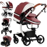 MoLi Cuir PU Poussette 3 en 1, Poussette Bebe avec Mode Double Poussée Réversible, Pousette 3 en 1 avec Nacelle Grande, Poussette Trio Cadre en Alliage d'aluminium Pliable Haut Paysage (518 Red)