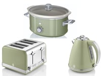 SWAN Retro Green Jug Kettle 4 Slice Toaster  & 3.5L Slow Cooker Kitchen Set