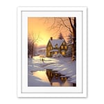 Artery8 Sunrise Winter Cottage Landscape Oil Painting Snowy Countryside Snow Lake Trees Artwork Framed Wall Art Print 18X24 Inch