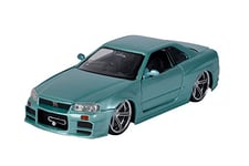 Jada Toys 253203066 Fast & Furious Brian's Nissan Skyline 2002 GTR (R34) Portes ouvrables, coffres et capots, Miniatures, Voitures de Jouets, échelle 1/24, Argent