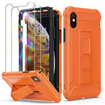 ORETECH Coque pour iPhone XS avec [2 Verre Trempé Protection écran] et [Support Béquille],2 en 1 Anti-Rayure Coque iPhone X Antichoc PC Rigide TPU Souple Etui iPhone XS Coque 5,8''Orange