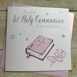 WHITE COTTON CARDS Pink Bible, On Your 1st Congratulations Handmade Girls Holy Communion Card, N88