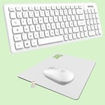 Pack RF01 Clavier Souris sans Fil avec Tapis Clavier Wireless Français (AZERTY) 97 Touches 13 Raccourcis Multimédias Souris WiFi 2.4 GHz 4 Boutons Compacte Récepteur USB - Blanc