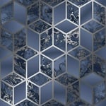 Muriva - Elixir Cube Liquid Marble Modern Geo Wallpaper - Blue & Silver - 166512