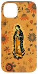 Coque pour iPhone 14 Plus Orange Paisley Vierge Marie Guadalupe minimaliste catholique