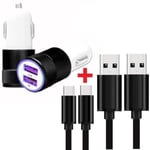 Autoladdarpaket + 2 USB Type C-kablar för Sony Xperia 1 V Ultrakraftig och snabb laddare 2X (5V - 2.1A) + 2 1M-kablar - SVART