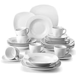 MALACASA Dinner Sets for 6 People, 30-Piece Plates and Bowls Set Ivory White Porcelain Tableware with 6-Piece Dinner Plate/Soup Plate/Dessert Plate/Cup/Saucer, Service for 6, Series Elisa