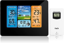 Stations Météo Sans Fil Avec Capteur Intérieur Extérieur, Station Météo Numérique Lcd Avec Température/Humidité/Barométrique/Prévisions/Phase De Lune/Réveil Pour Maison Bureau Jardin (Rf Noir)