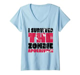 Womens I Survived The Zombie Apocalypse Distressed Dark Humor V-Neck T-Shirt