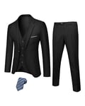 Hihawk Men's 3 Piece Suit with Stretch Fabric, Solid Slim Fit One Button Suit Blazer Set, Jacket Vest Pants with Tie., Black, S