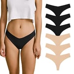 SHARICCA String Thong Femme Tangas sous-Vêtements sans Coutures de Sport Culottes Taille Basse Invisible Slips Lot de 6 (3 Noir 3 Beige, S)