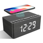 ANJANK Bedside Wooden FM Radio Alarm Clock,10W Super Fast Wireless Charger Station for Iphone/Samsung Galaxy/Other Smart phone,USB Charging Port,Mains Powered,5 Level Digital Dimmable Led Display