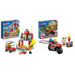 LEGO 60375 City La Caserne et Le Camion des Pompiers, Jouet avec Véhicule d’Urgence, Jouet Éducatif & City La Moto d’Intervention Rapide des Pompiers, Jouet de Véhicule et Scène d'urgence Incendie