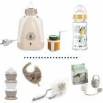 Chauffe biberon + Biberon verre 230ml + Goupillon biberon + Boîte doseuse de lait + Bavoir + Coffret Boîte a sucettes