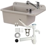 Lavabo plastique gris 51 cm avec siphonne tirette et vidange, mousseur robinet avec douchette extractible, distribuer de savon