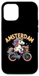 Coque pour iPhone 15 Pro Amsterdam Netherland Vélo licorne pour filles et femmes arc-en-ciel