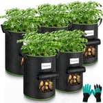 Enbagold 5 Sac Plantation Pomme de Terre avec Gants de Jardinage, 30L Sac de Plantation Non Tissé, Sac Culture Pomme de Terre avec Poignées et Fenêtre, Pots pour Tomates, Carottes, Fraises, Légumes