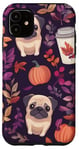 Coque pour iPhone 11 Carlin floral violet avec feuilles d'automne et latte à la citrouille et aux épices