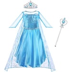 Vicloon Robe Elsa Enfant de Princesse,Robe Princesse Elsa,3PCS Robe de Princesse Reine des Neige avec Costume Princesse avec Accessoires de Baguette Magique Princesse Couronne,130cm