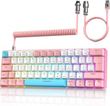 T60 Clavier de Jeu Filaire avec Câble USB C Enroulé, QWERTY Mini 60% Compact 62 Key Anti-ghosting, 18 Rétroéclairage Arc-en-Ciel, Clavier Mécanique Clicky Blue Switch pour PC/Mac - Rose