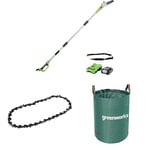 Greenworks Cordless Long Reach Pole Saw (Great for Pruning and Trimming Branches), 8 Inch (20cm) Bar Length, 24V 2Ah Battery & Charger + Greenworks 20cm Chain + Greenworks 120 L Garden Waste Bag