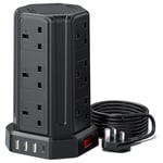 AODENG Tower Extension Lead with USB Slots 3M, 12 Way Outlets Multi Plug Extension Tower with 4 USB Slots (1 Type C & 3 USB Ports), Surge Protector Long Extension Lead tower for Home, Office, Kitchen